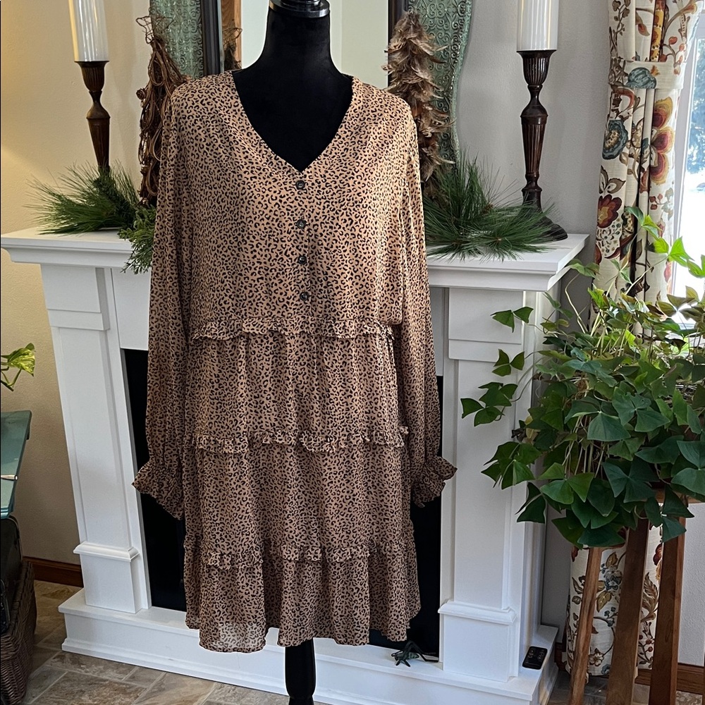 JODIFL Brown, v-neck Leopard Print, ruffle tiered Long Sleeve Dress